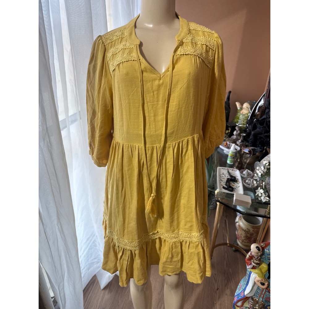 Davi & Dani Mustard Yellow Boho Lace Trim Tiered Babydoll Dress Large NWT